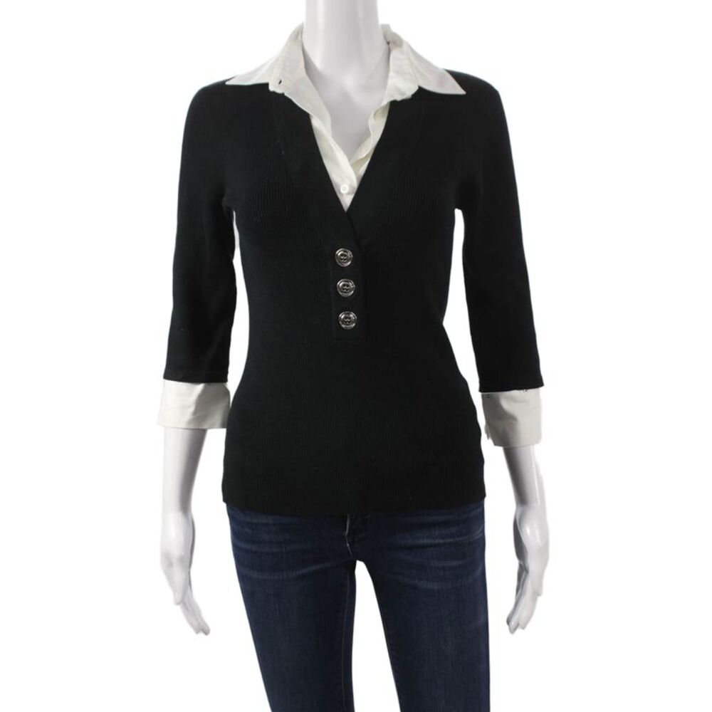 Worth Women Collared Cotton Pullover Sweater Black 3/4 Sleeve Size S